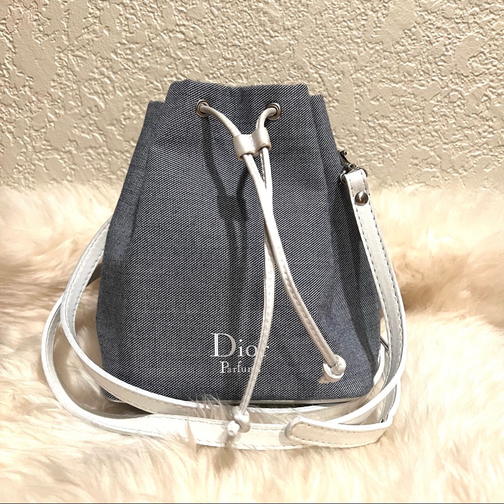 Dior Vintage Parfums Denim Bucket Crossbody Bag Blue White Handbag Rare